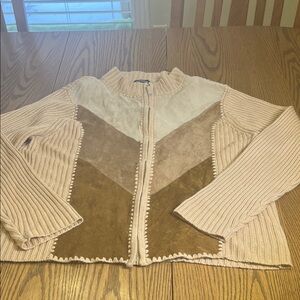 Vintage Designer Studio Beige and Brown Chevron Zip Cardigan
